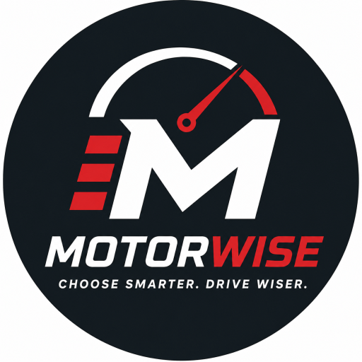 Motorwise logo with stylized letter M, speedometer graphic and red accents on dark circular background